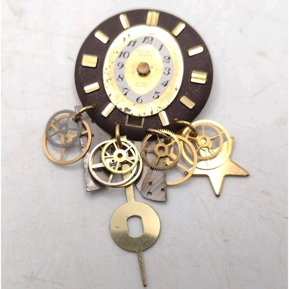 Vintage Steampunk Brooch Pendant Clock Gears Gold Brass Black Artisan Crafted 2"